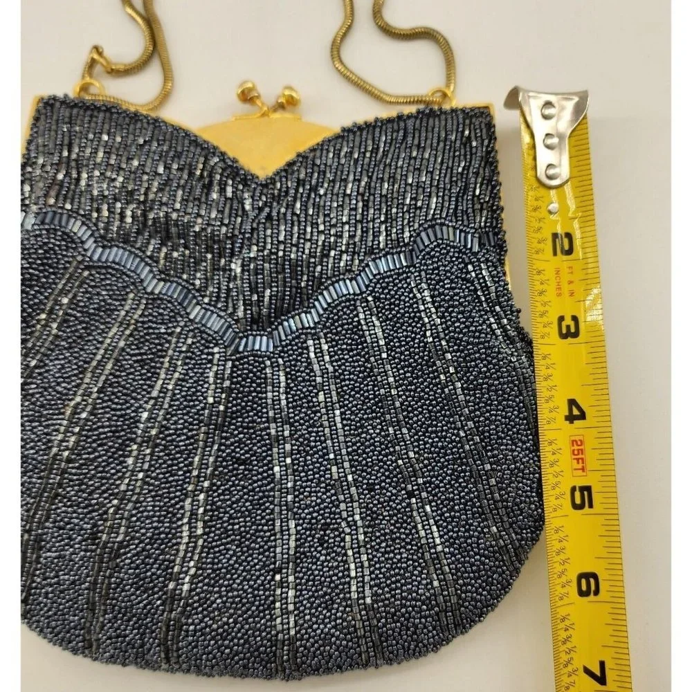 Vintage Ed B Robinson Beaded‎ Handbag Clutch with Gold Strap Small Purse Blue